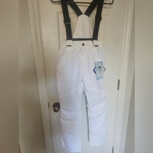 White Insulated Snow Bib Pants with Black Suspenders